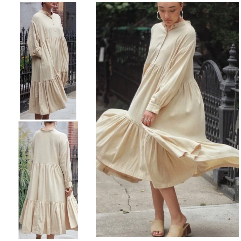 EUC Black Crane Tent Sand Natural Tiered Natural Flannel 100% Cotton Midi Dress 